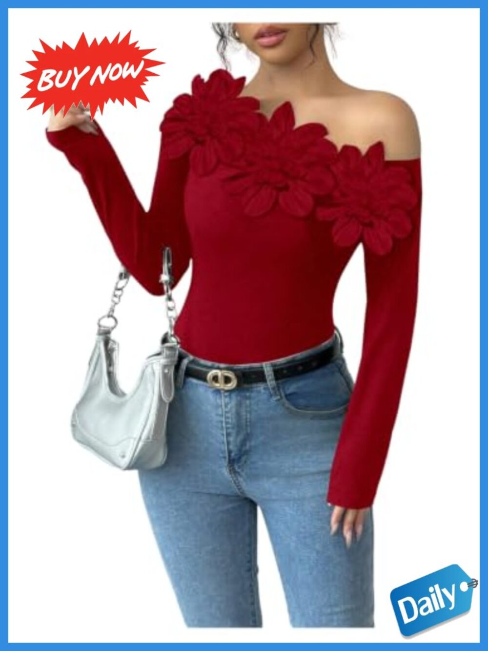 Long Sleeve Off Shoulder Floral Applique Tee Slim Fit Blouse